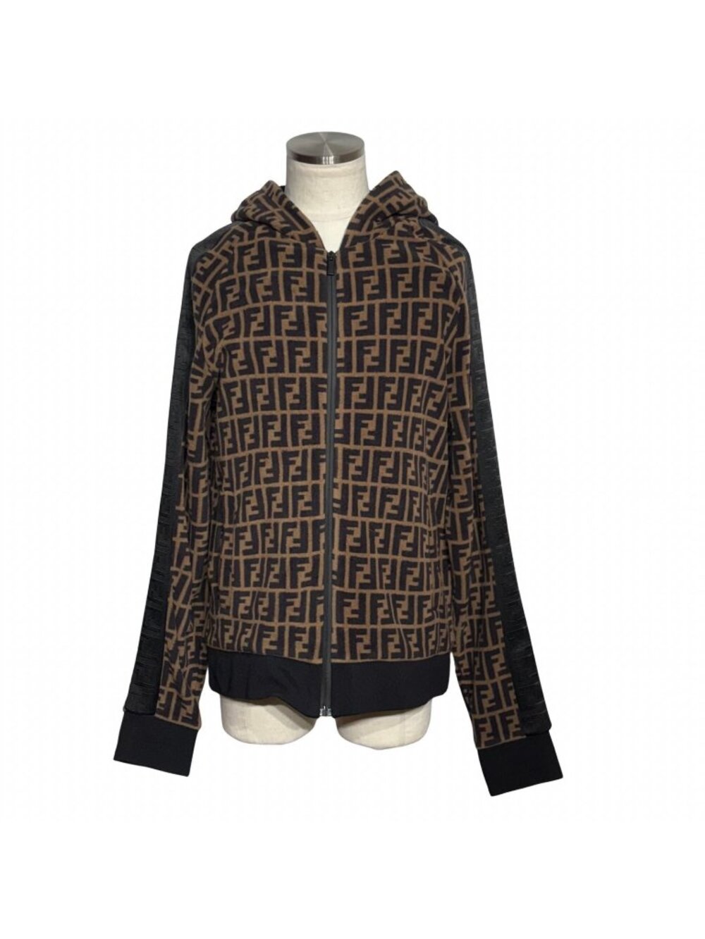 Fendi Zucca Sip Up Hoodie Brown Black Polyester XL